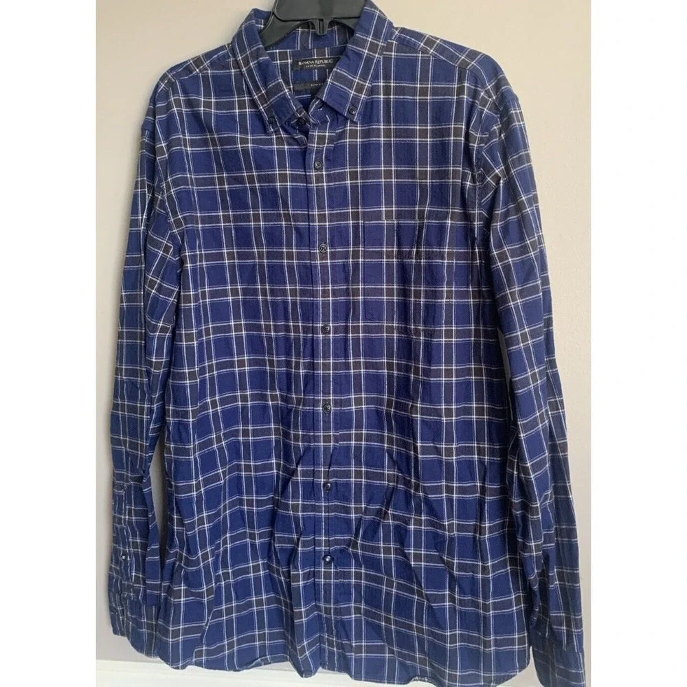 Banana Republic Luxe Flannel Shirt Mens XL Slim Fit   Blue‎ Black Plaid Rugged
